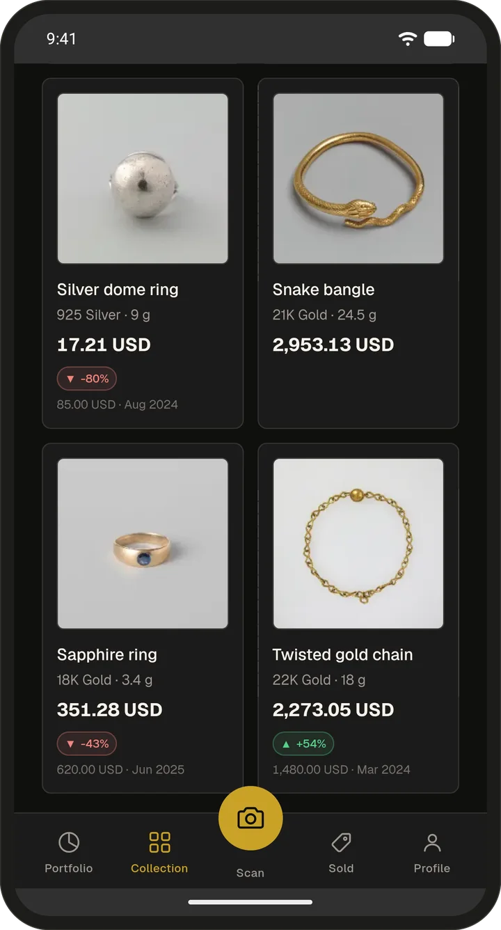 Dahabi Collection screen with photos of a gold bar, a Krugerrand, a silver ring and a gold ring with their values